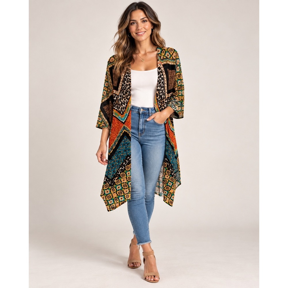 Chico's Mixed Print Open Front Kimono Cardigan Leopard Geometric Multi-Color